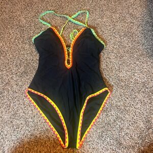 Live Poppytown Beach Black One‎ Piece Swimsuit Criss Cross Halter Neck Women's